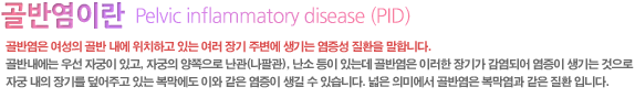 골반염은 여성의 골반 내에 위치하고 있는 여러 장기 주변에 생기는 염증성 질환을 말합니다.
골반내에는 우선 자궁이 있고, 자궁의 양쪽으로 난관(나팔관), 난소 등이 있는데 골반염은 이러한 장기가 감염되어 염증이 생기는 것으로 자궁 내의 장기를 덮어주고 있는 복막에도 이와 같은 염증이 생길 수 있습니다. 넓은 의미에서 골반염은 복막염과 같은 질환 입니다.